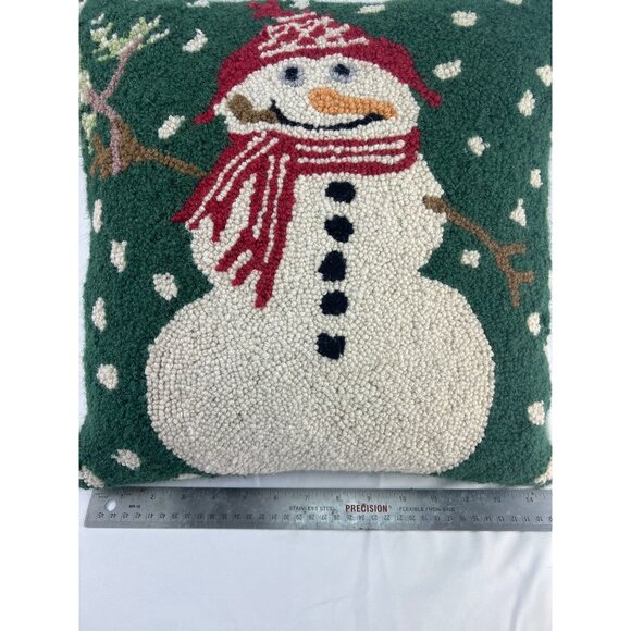 Hooked Wool Snowman Decorative Pillow 14x14" Green & Red Winter Holiday Home Dec - Picture 3 of 5